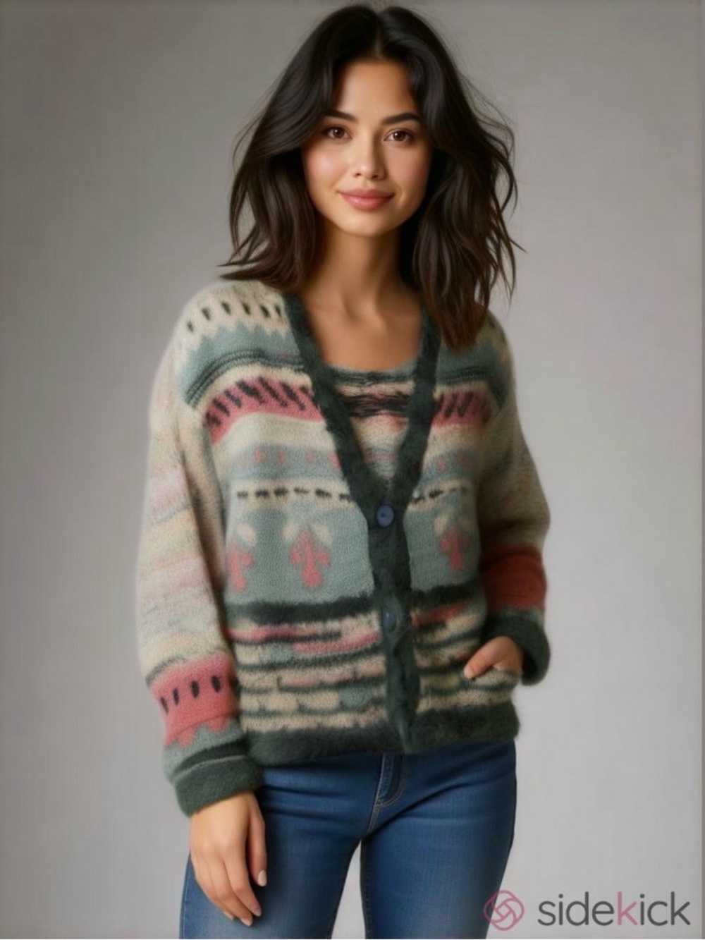 Handknit luxurious womens cardigan cream aqua coral mix 3 button Large